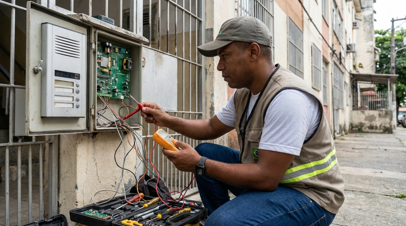 Eletricista consertando interfone em Taubaté‑SP