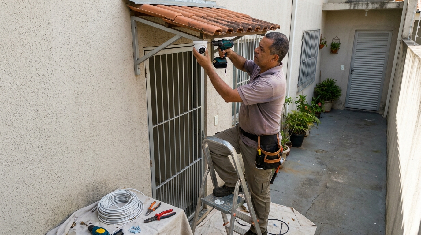 Eletricista instalando cameras de seguranca em Taubaté‑SP