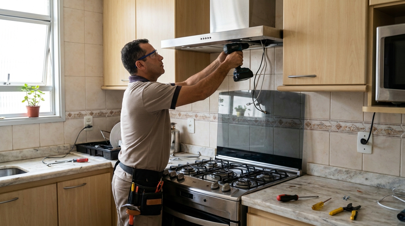 Eletricista instalando coifa em Taubaté‑SP