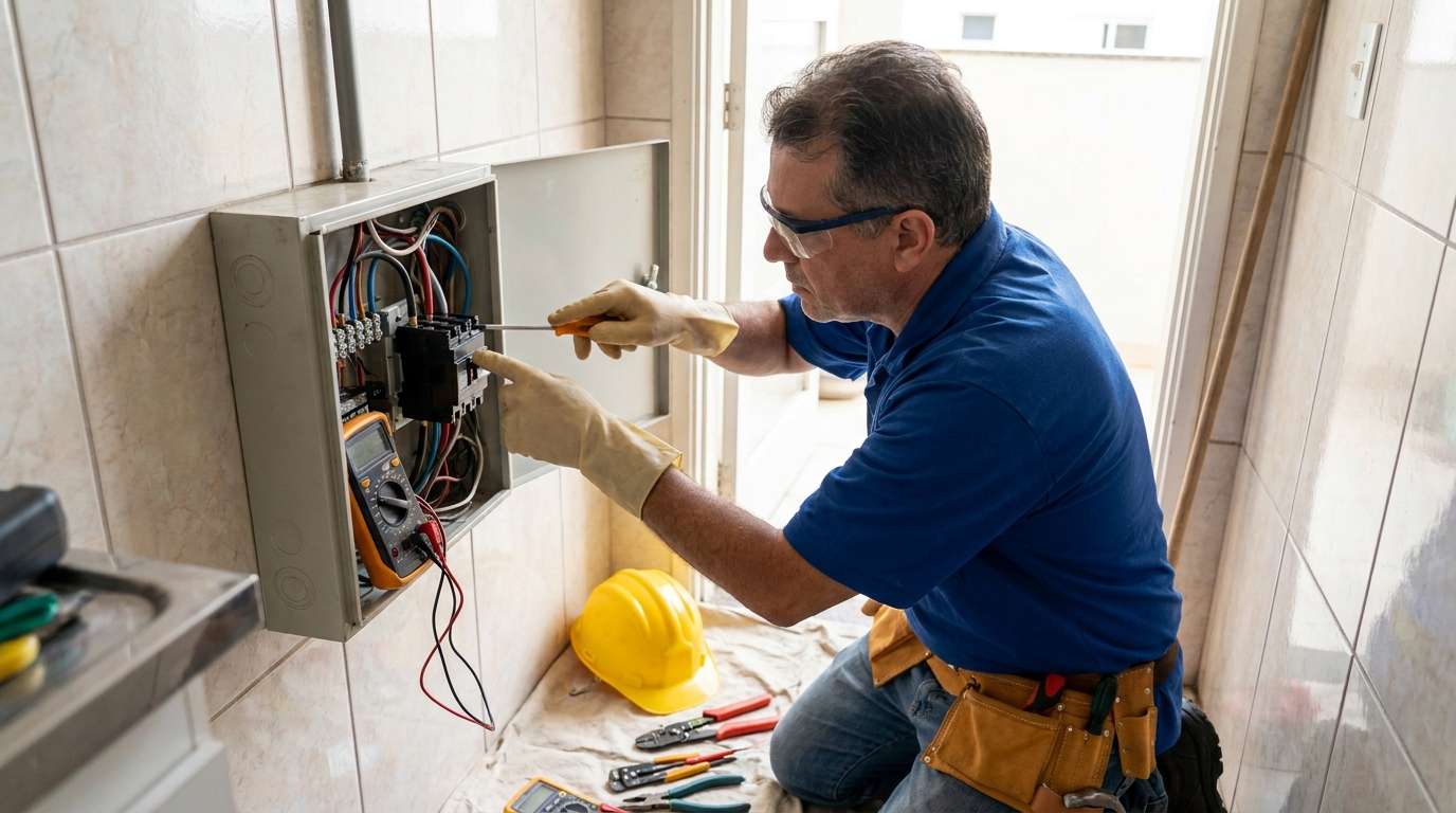 Eletricista instalando disjuntor em Taubaté‑SP