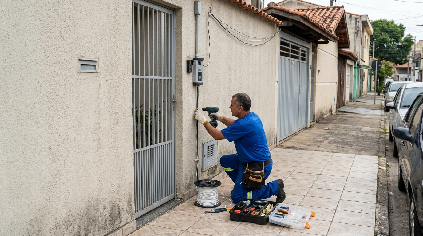 Eletricista instalando interfone em Taubaté‑SP