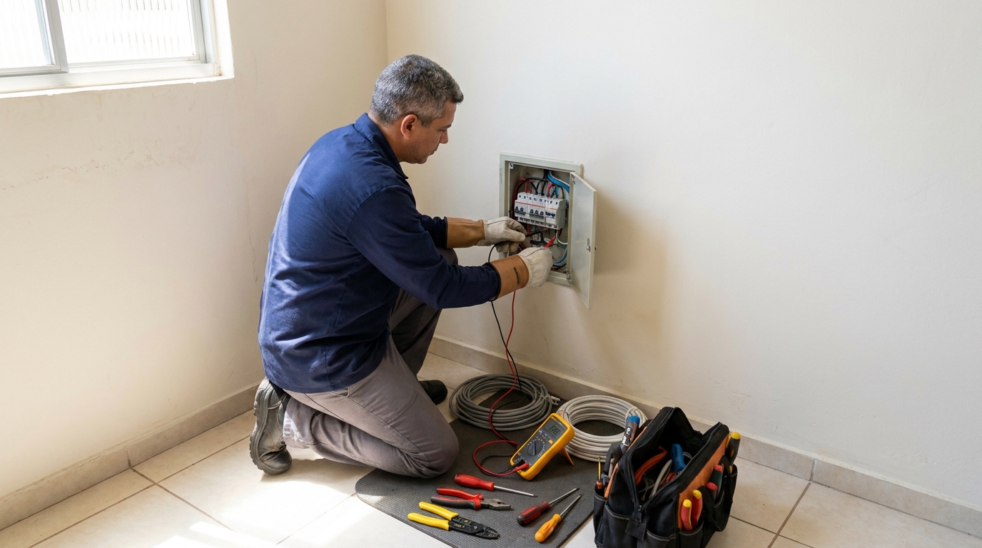 Eletricista realizando manutencao em Taubaté‑SP